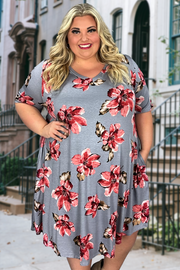 55 PSS-X {Show Stopper} Grey Floral Print V-Neck Dress EXTENDED PLUS SIZE 3X 4X 5X