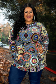 48 HD-A {Smart Moves} Blue Mandala Print Hoodie EXTENDED PLUS SIZE 3X 4X 5X