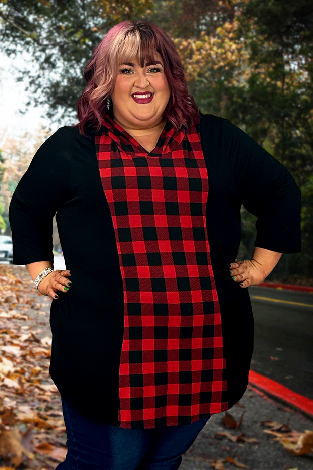 34 HD-M {Switching Sides} Black/Red Plaid Hoodie CURVY BRAND!!!  EXTENDED PLUS SIZE 4X 5X 6X