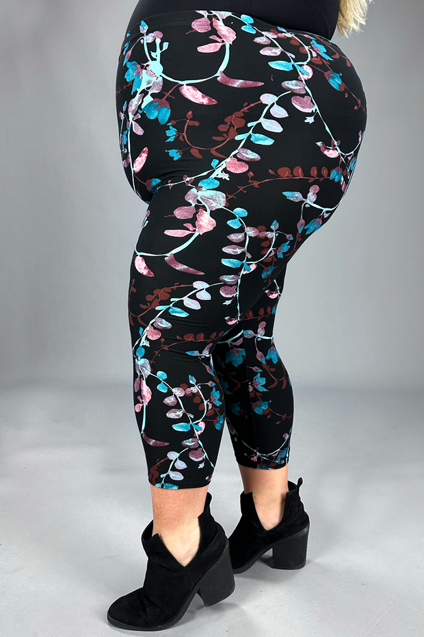 LEG-55 {Teal Dreams} Teal Floral  Butter Soft Capri Leggings EXTENDED PLUS SIZE 3X/5X