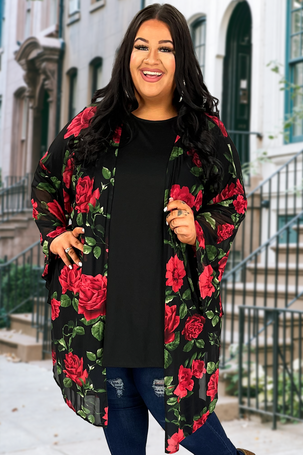 LD-T {The Rose Wins} Black/Red Rose Print Kimono PLUS SIZE 1X 2X 3X