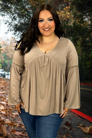 21 SLS-C  {Think About It} Mocha  V-Neck Top w/Trumpet Sleeves PLUS SIZE 1X 2X 3X