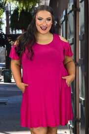 OS-A {Town Outing} Fuchsia Open Shoulder Dress W/Pockets PLUS SIZE 1X 2X 3X