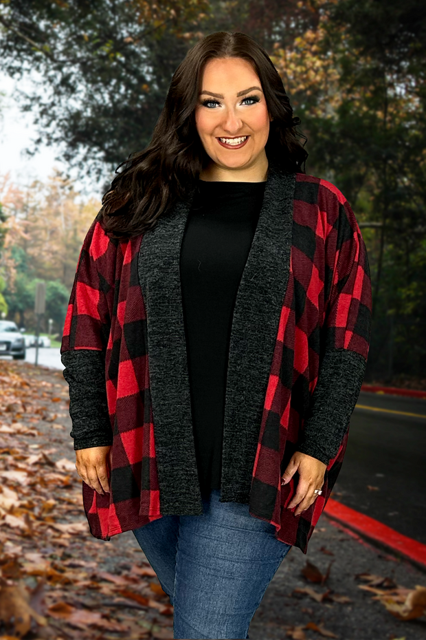 56 OT-D {Upbeat Days} Red Large Check Print Cardigan EXTENDED PLUS SIZE 1X 2X 3X 4X 5X