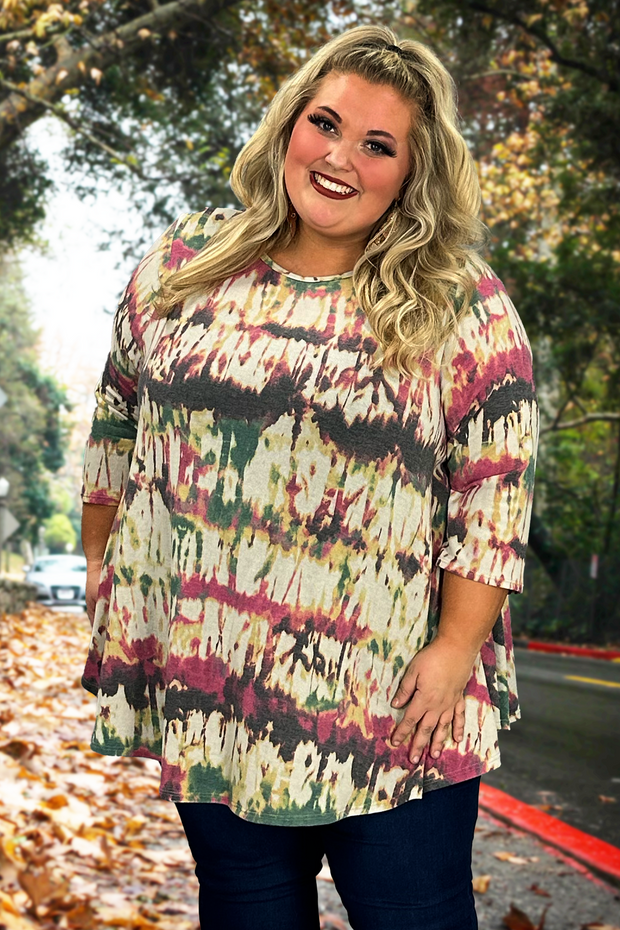 84 PSS-B {Wish You Could} Olive/Maroon Print Tunic EXTENDED PLUS SIZES 3X 4X 5X