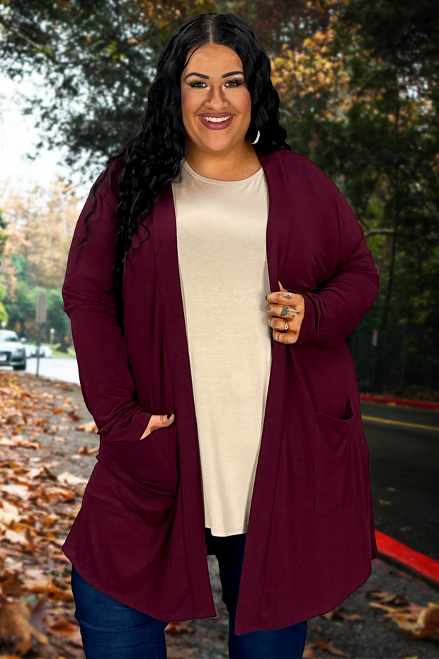 63 OT-G {Worth A Mention} Dk. Burgundy Cardigan w/Pockets PLUS SIZE 1X 2X 3X