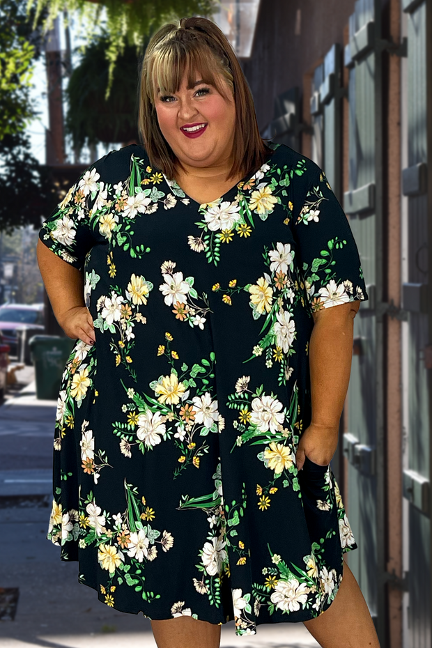 97 PSS-K {Beautiful Soul} Black Floral Print V-Neck Dress EXTENDED PLUS SIZE 3X 4X 5X