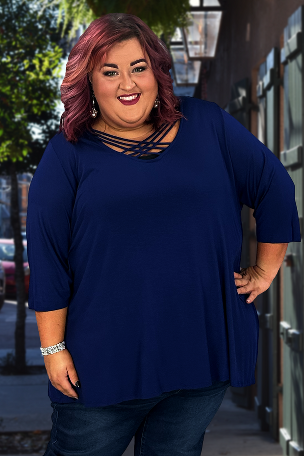 28 OR 37 SQ-G {Caged In Beauty} Navy Tunic W/Cage Neck Detail CURVY BRAND!! EXTENDED PLUS SIZE 3X 4X 5X 6X