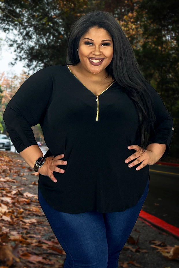 22 SD-A {Classy Threads} Black Top with Gold Zipper Detail SALE!! PLUS SIZE 1X 2X 3X