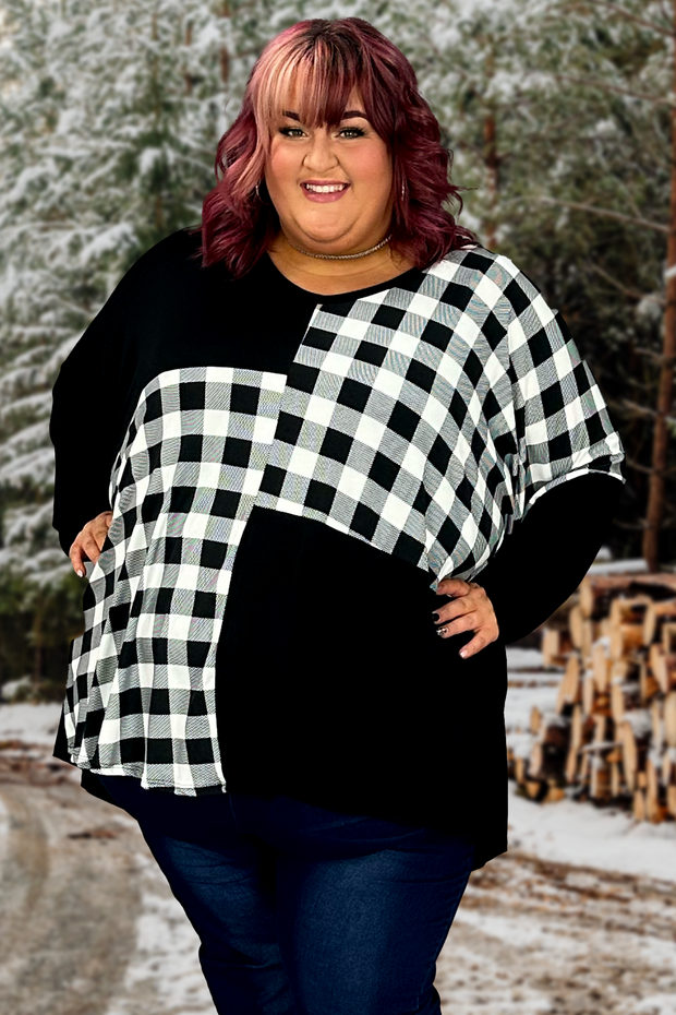 89 or 17 CP-B {Curvy Patchwork} Black/White Plaid Tunic CURVY BRAND!!  EXTENDED PLUS SIZE 3X 4X 5X 6X