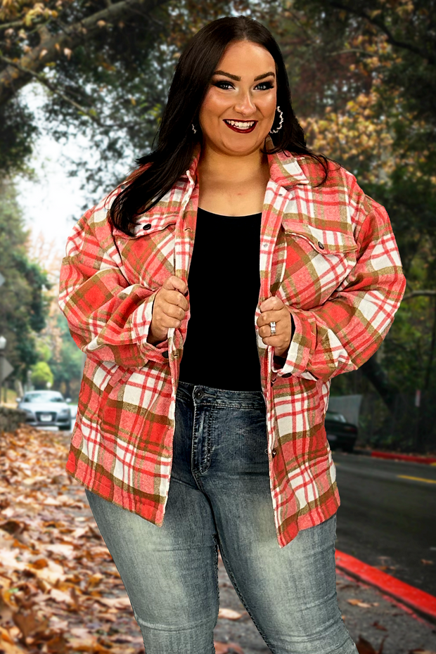 90 OT-A {Deserving Praise} Coral Plaid  SALE!! Shacket PLUS SIZE XL 1X 2X