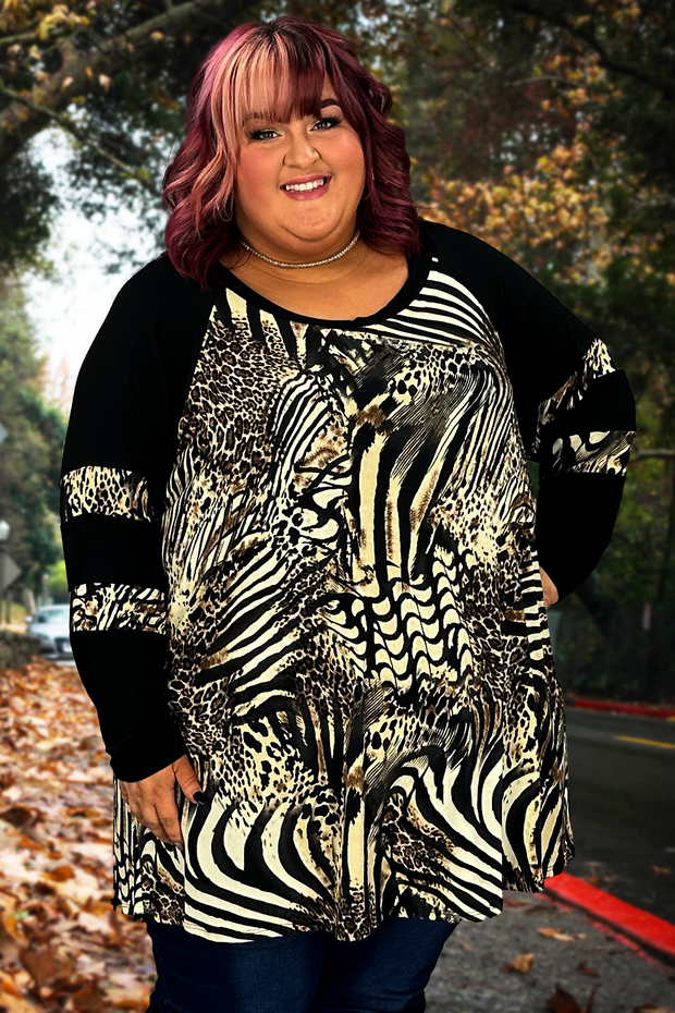 59 OR 26 CP-B {Run The World} Black/Brown Animal ***FLASH SALE***Print Tunic  EXTENDED PLUS SIZE 1X 2X 3X 4X 5X 6X