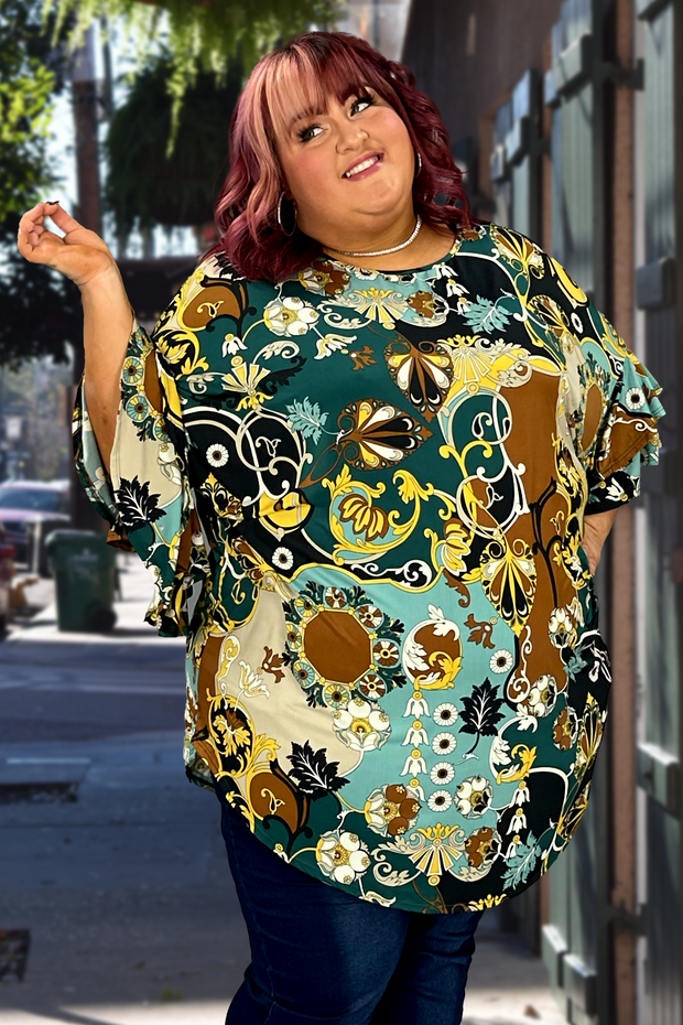 30 PQ-P {High Society} Green Multi-Color Print Tunic EXTENDED PLUS SIZE 3X 4X 5X