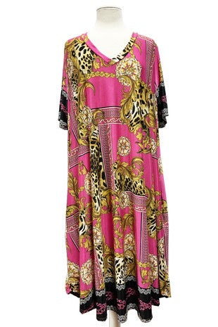 32 PSS-C {Always Searching} Fuchsia/Gold Mixed Print Dress EXTENDED PLUS SIZE 3X 4X 5X