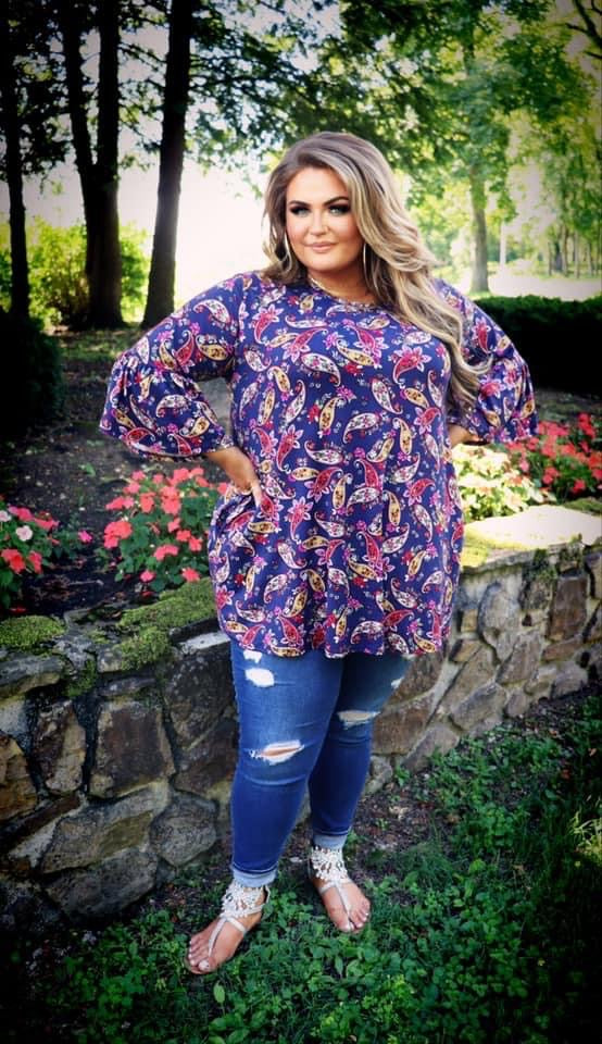 PQ-M {Simple Country LIfe} Navy Tunic W/Multi Color Paisley Print SALE!!! PLUS SIZE 1X 2X 3X