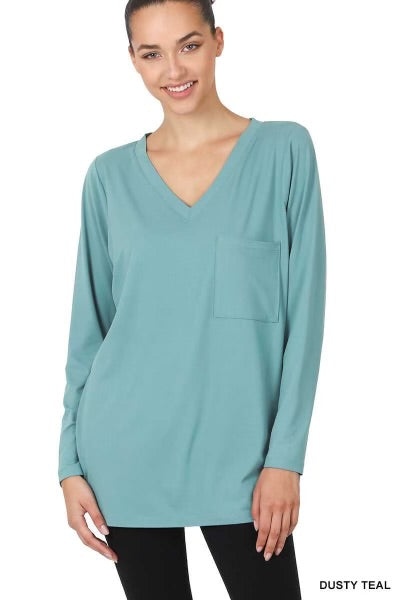 30 SLS-D {Ease Your Mind} Dusty Teal V-Neck Top w/Pocket SALE!! PLUS SIZE 1X 2X 3X