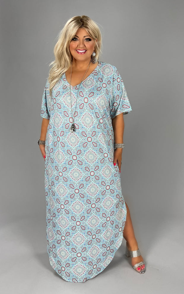 LD-V {Falling For You} Dusty Aqua Printed Dress PLUS SIZE 1X 2X 3X