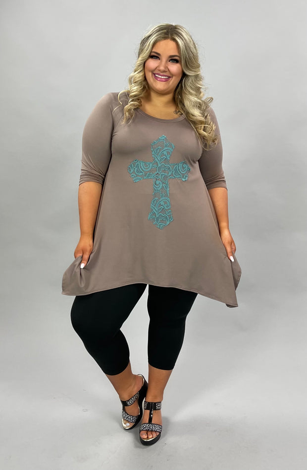 32 GT-B {Don't Cross Me} Mocha Teal Cross Detail Top PLUS SIZE XL 2X 3X