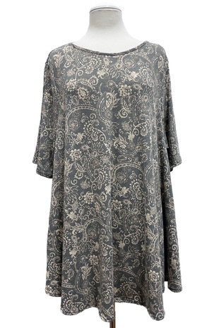 45  PSS-A {Naturally Cool} Charcoal Paisley Print Top EXTENDED PLUS SIZE 3X 4X 5X