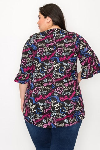 53 PQ-B {Hello Love} Black Script Print Tunic CURVY BRAND!!! EXTENDED PLUS SIZE 4X 5X 6X