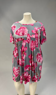 67 PSS-Z {Enduring Details} Grey Floral Cinched Waist Dress EXTENDED PLUS SIZE 1X 2X 3X 4X 5X 6X