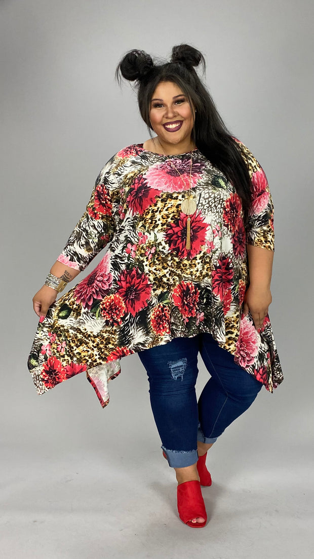 75 PQ-B {Mums The Word} Multi-Color Floral Sharkbite Hem Top EXTENDED PLUS SIZE 3X 4X 5X