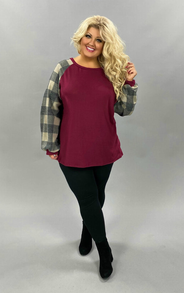 23 CP-J {It's A Mood} Wine Grey Plaid Contrast Top PLUS SIZE XL 2X 3X