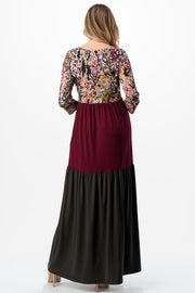 LD-M {Always Evolving} Burgundy/Charcoal Print Maxi Dress PLUS SIZE 1X 2X 3X