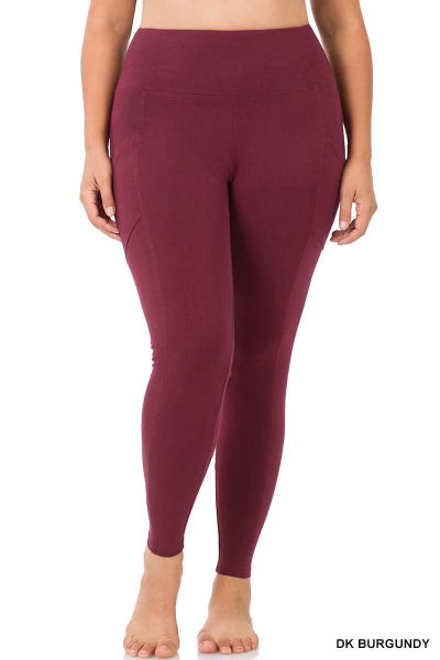 LEG-8 {Gym Code} Dk Burgundy Cotton Pocket Leggings PLUS SIZE 1X 2X 3X