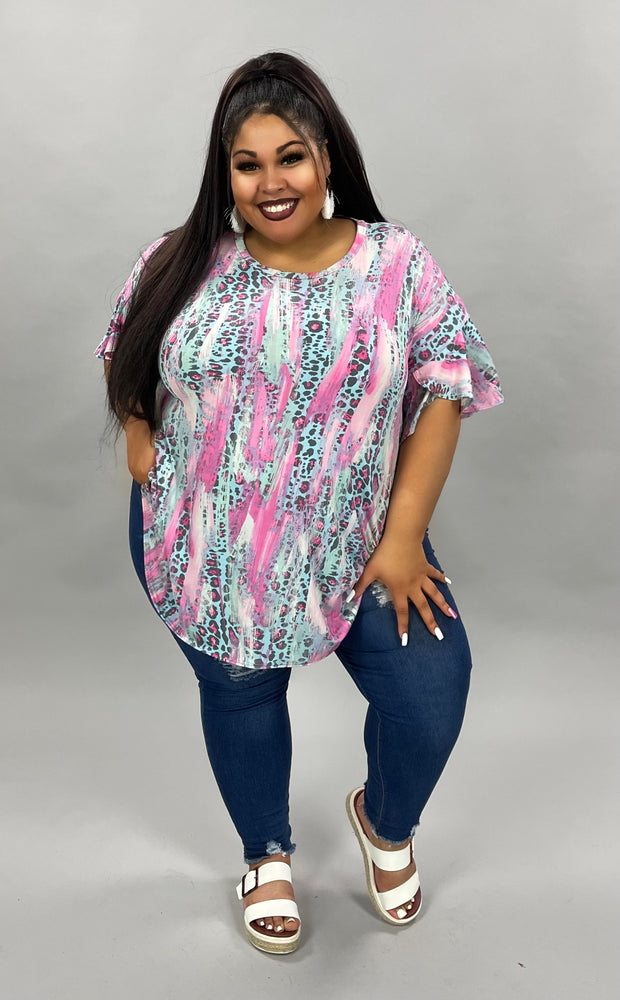 33 PSS-A {Summer Serenade} Mint Pink Leopard Print Tunic PLUS SIZE 1X 2X 3X  *** FLASH SALE***