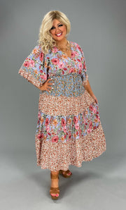 LD-O {In The Breeze} Umgee Blue Floral Tiered Midi Dress PLUS SIZE XL 1X 2X