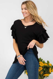 32 SSS-N {Keeping Close} Black Ruffle Sleeve Top PLUS SIZE XL 2X 3X