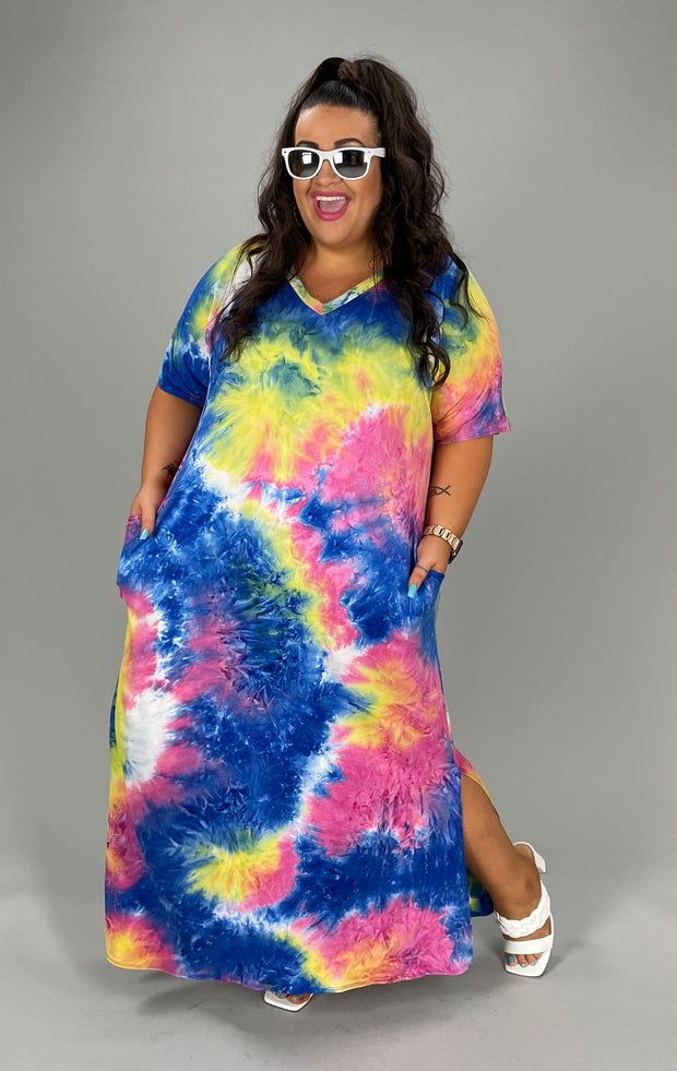 LD-A/Z {The Cosmos Awaits} ***SALE***Blue/Multi-Color Tie Dye Maxi Dress EXTENDED PLUS SIZE 3X 4X 5X