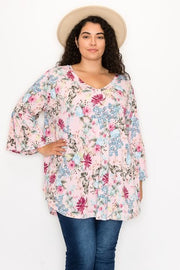 39 PQ-D {Shining In Pink} Pink Floral V-Neck Ruffle Sleeve Top EXTENDED PLUS SIZE 3X 4X 5X