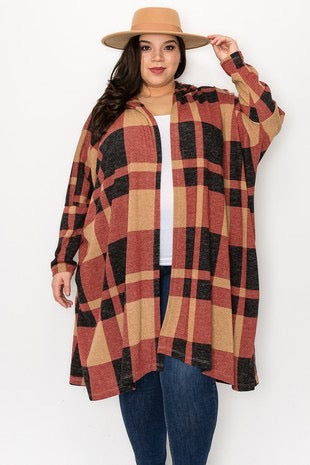 54 OT-E {Weekend Coffee} Rust Plaid Hooded Cardigan EXTENDED PLUS SIZE 3X 4X 5X