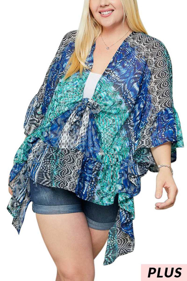 19 OT-T {On A Good Day} Royal Blue Print Ruffle Kimono PLUS SIZE 1X/2X  2X/3X