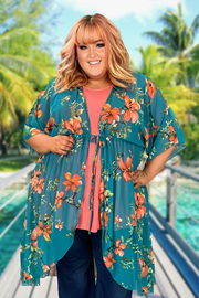 LD-S {Pretty Much Perfect} Jade Floral Tie Waist Kimono PLUS SIZE 1X 2X 3X SALE!!