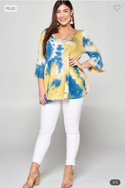 72 PQ-L {Sweet Ideas} Yellow/Blue Soft Tie-Dye Tunic PLUS SIZE 1X 2X 3X