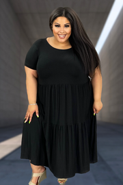 LD-B {Wardrobe Classic} Black Tiered Midi Dress PLUS SIZE 1X 2X 3X