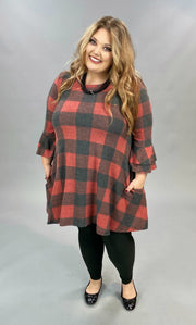 PQ-T {Harvest Season}  Dusty Red Plaid Knit Ruffle Sleeve Tunic PLUS SIZE XL 2X 3X