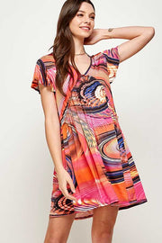 33 PSS-S {Happy Skies} Orange/Pink SALE!! Print Babydoll Dress PLUS SIZE XL 2X 3X