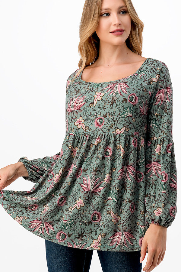 64 PQ-J {What You Love} Dusty Green Floral Babydoll Top PLUS SIZE 1X 2X 3X