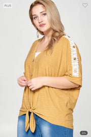 40 SD-D {Trust Your Instinct} Tan Top w/Lace & Button Detail PLUS SIZE 1X 2X 3X