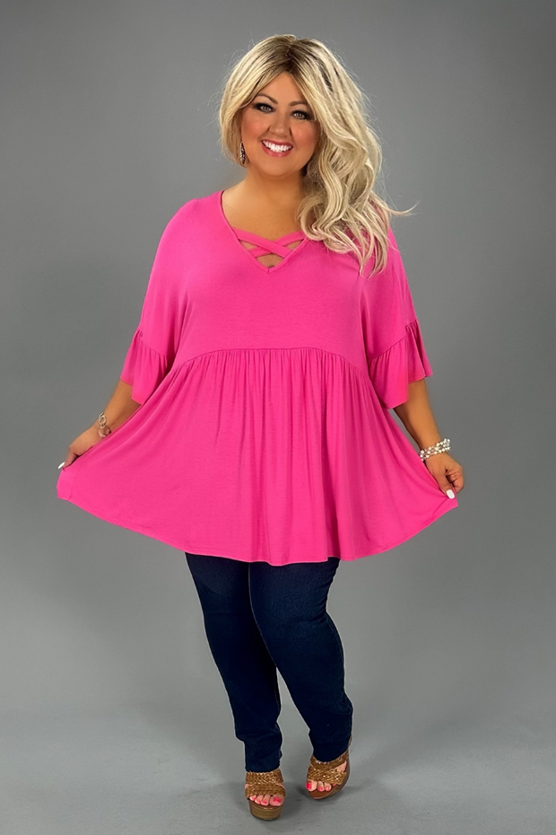 28 SSS-F {Express Your Style} Fuchsia Criss-Cross Babydoll Tunic CURVY BRAND!!!  EXTENDED PLUS SIZE 1X 2X 3X 4X 5X 6X (Runs Larger!!!)