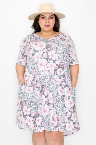 52 PSS-M {There You Are} Grey/Pink Floral V-Neck Dress EXTENDED PLUS SIZE 3X 4X 5X