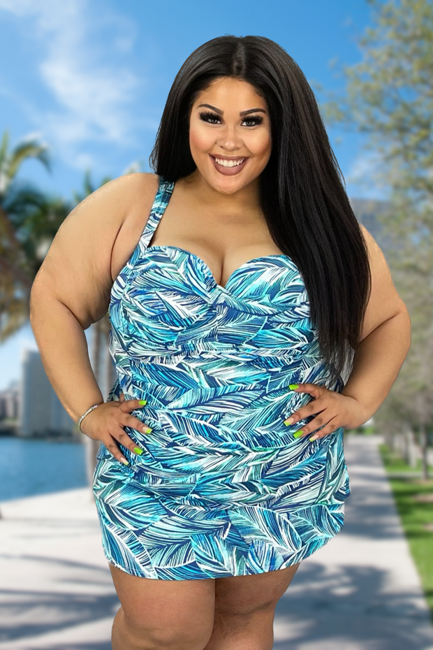 SWIM-N {Emerald Bay} Blue Leaf Print One Piece Swimsuit EXTENDED PLUS SIZE 18 20 22 24