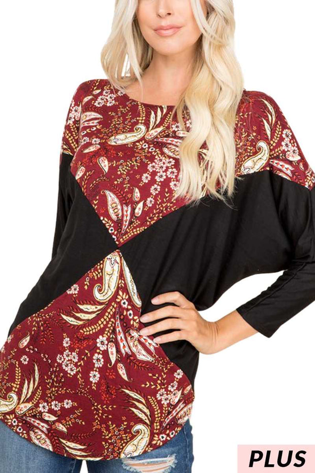 CP-P {Harvest Blessing}  Maroon Black Paisley Print Top PLUS SIZE XL 2X 3X