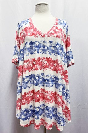 87 PSS {Freedom Speaks} Red White Blue Star Print Top EXTENDED PLUS SIZE 3X 4X 5X