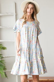 76 PSS-C {Floral Fields} Lt. BLUE Floral Tiered Dress PLUS SIZE 1X 2X 3X***SALE***