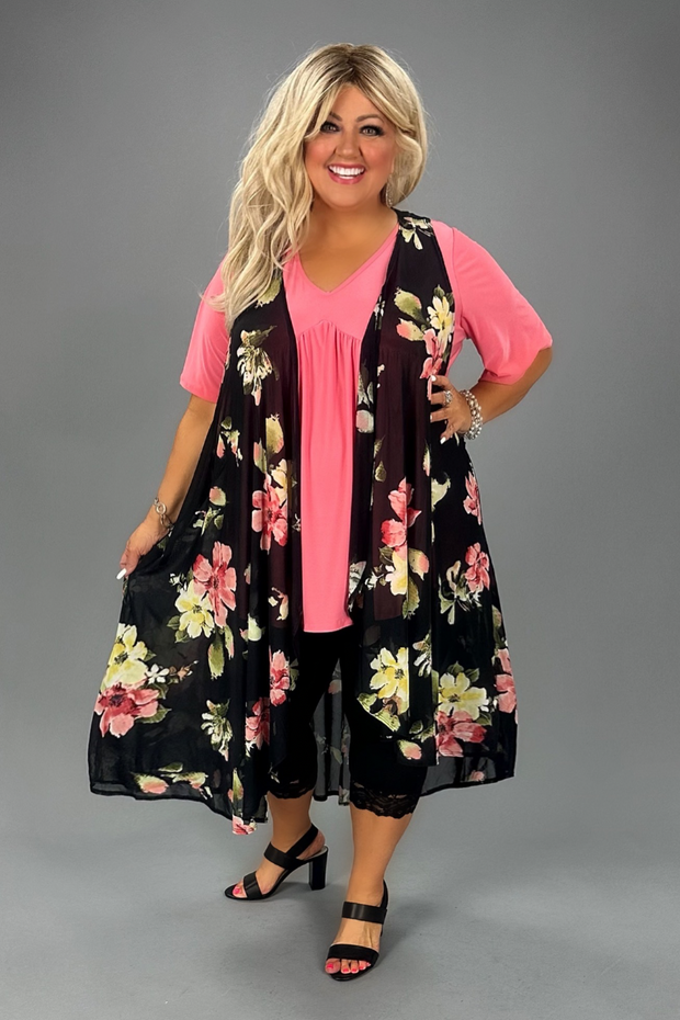 23 OT-L {Make The World Better} Black Floral Long Vest PLUS SIZE 3X